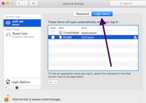 Login Items tab in System Preferences