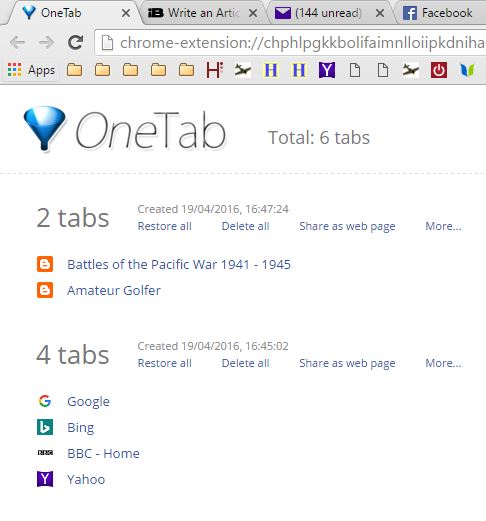 OneTab on Google Chrome