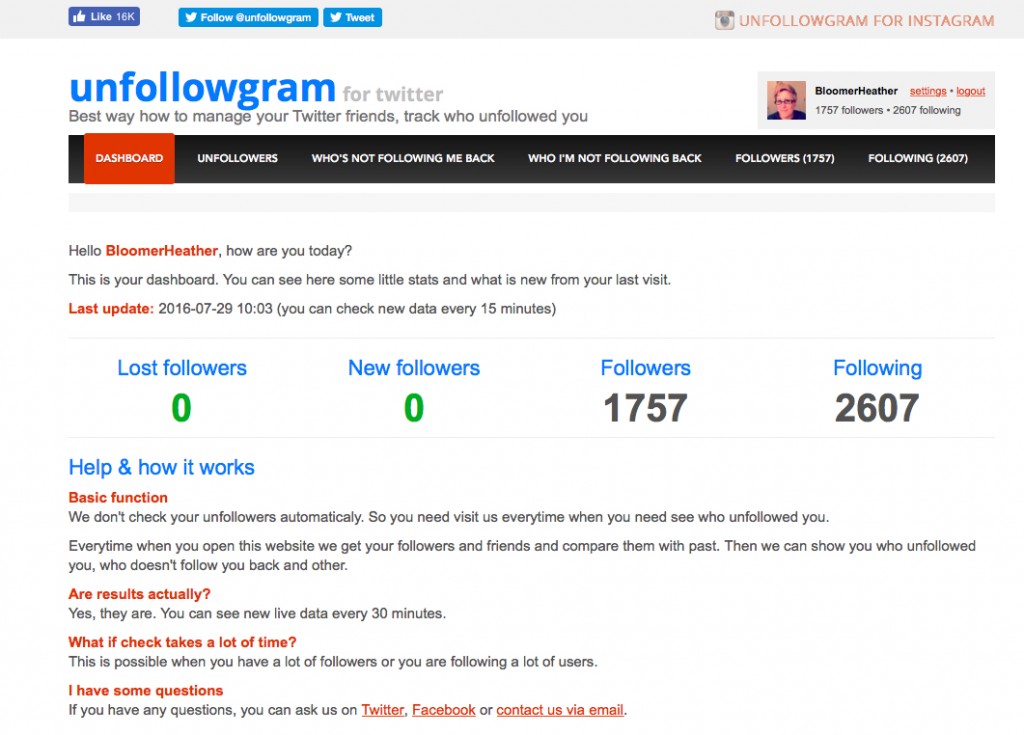 Dashboard Unfollowgram