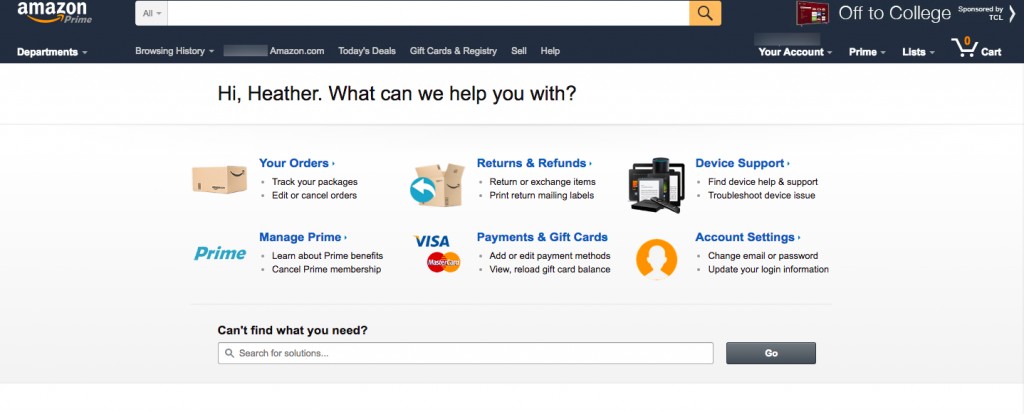 Amazon Help online catagories