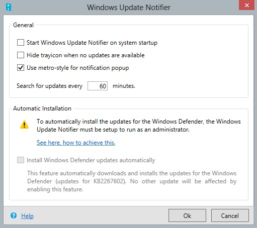 Windows Update Notifier Settings