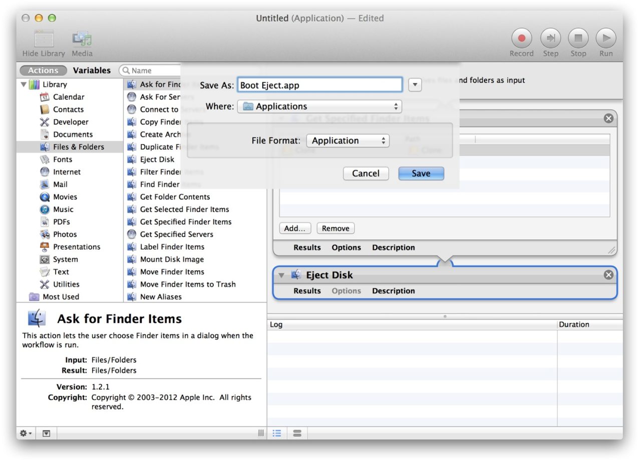 Automator Auto Eject Disk Mac OS X