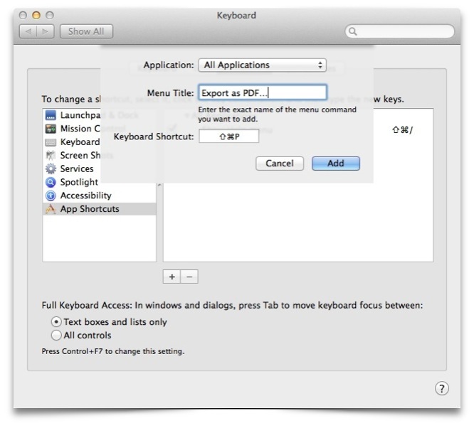 Create Custom Keyboard Shortcut to Export to PDF in OS X