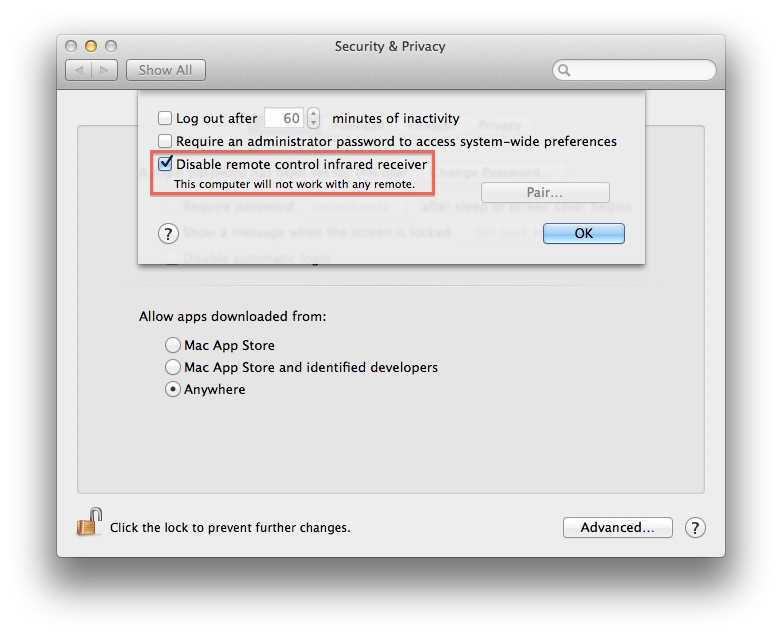 Mac OS X Disable Pair IR Remote