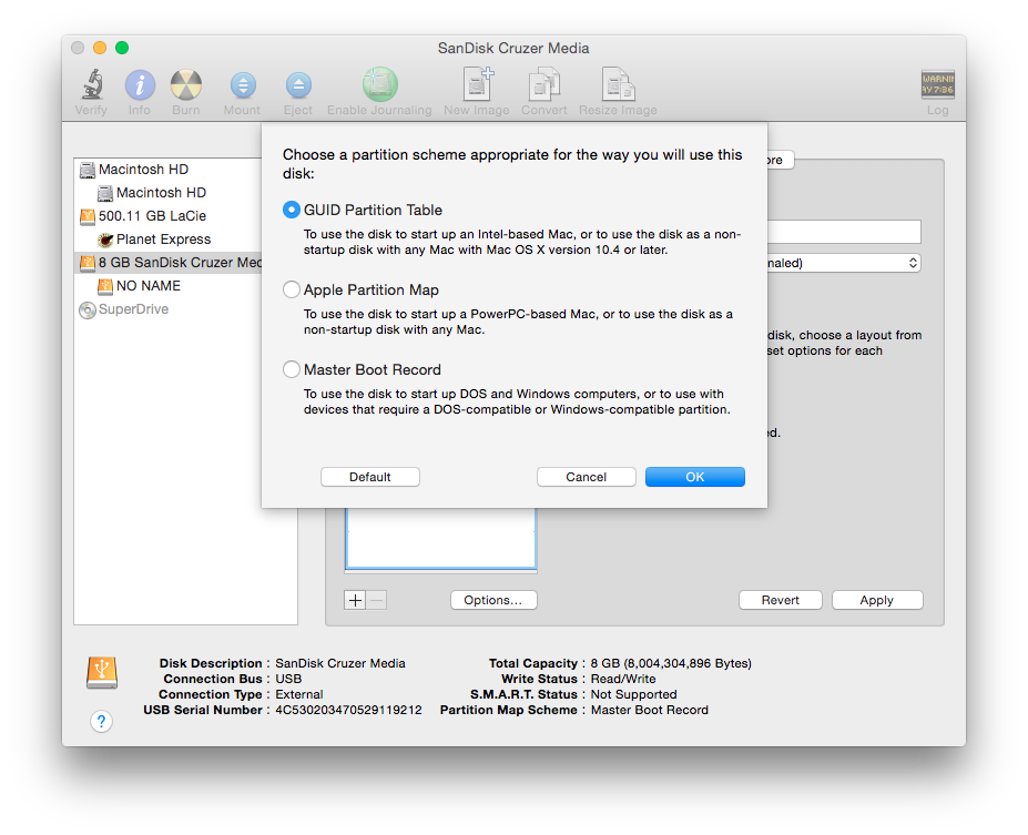 Create OS X Yosemite USB Installer Disk Utility Partition Scheme