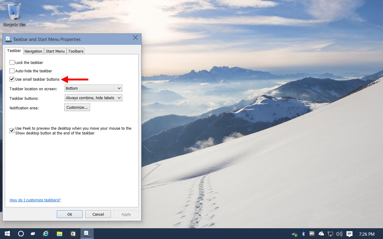 windows 10 taskbar search small icons