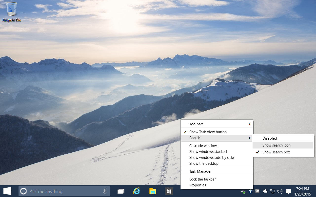 windows 10 taskbar search options