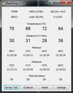 Screenshot of RealTemp Monitoring Screen