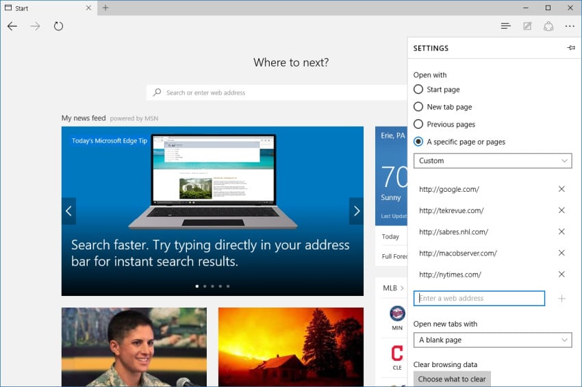 microsoft edge multiple start pages