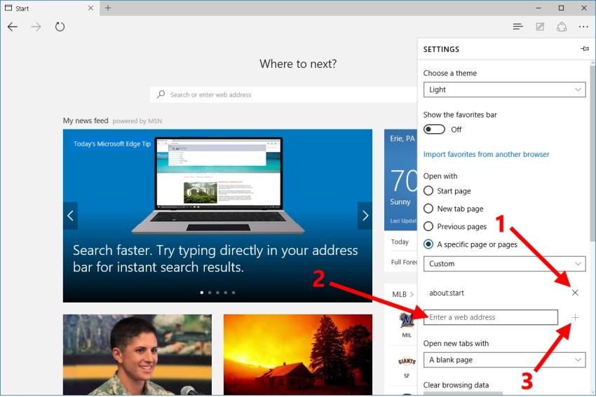 microsoft edge custom start page