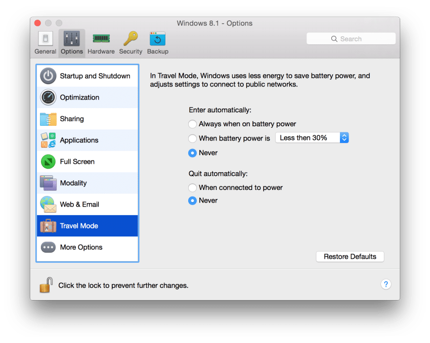 parallels 11 travel mode battery life