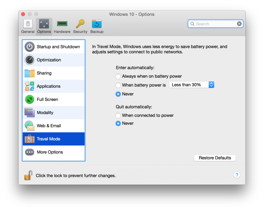 parallels 11 travel mode