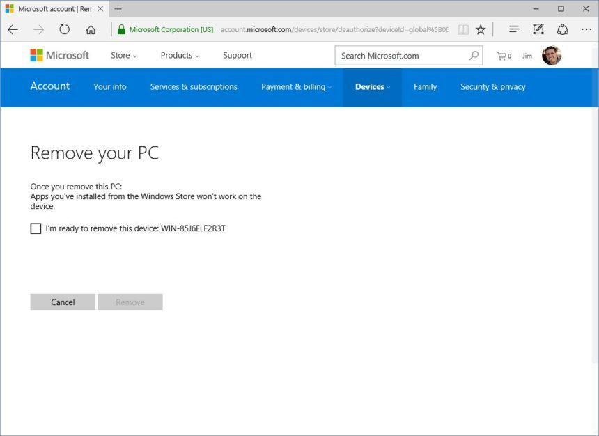 remove device microsoft account