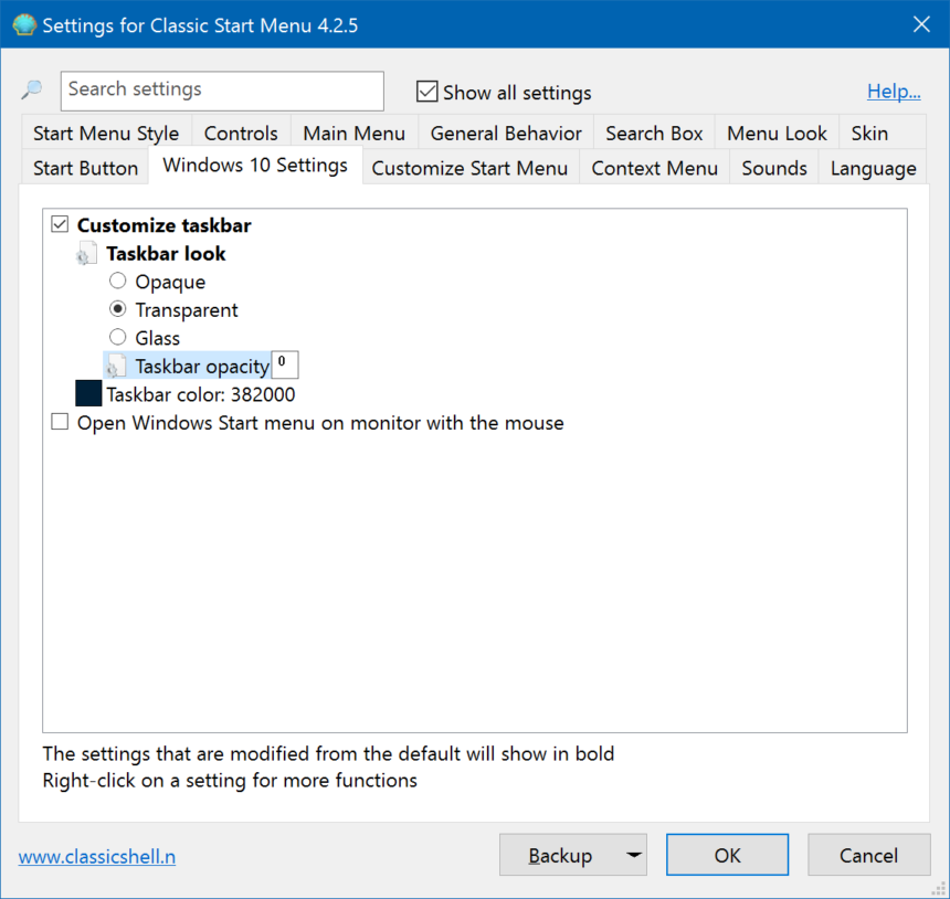 classic shell taskbar transparency
