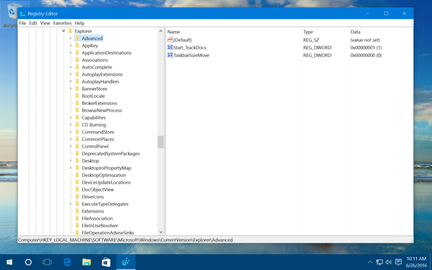 windows 10 taskbar registry