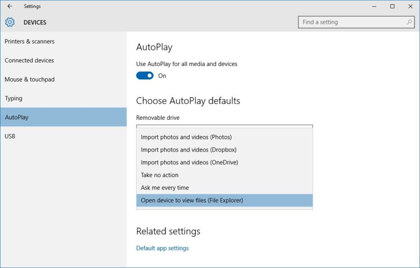 windows 10 autoplay device settings