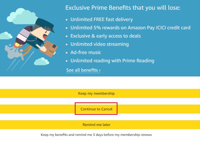 Amazon web Continue to Cancel