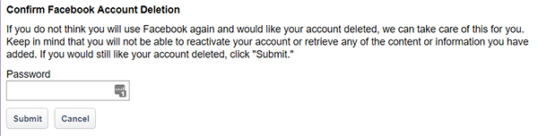 Facebook Account Deletion page
