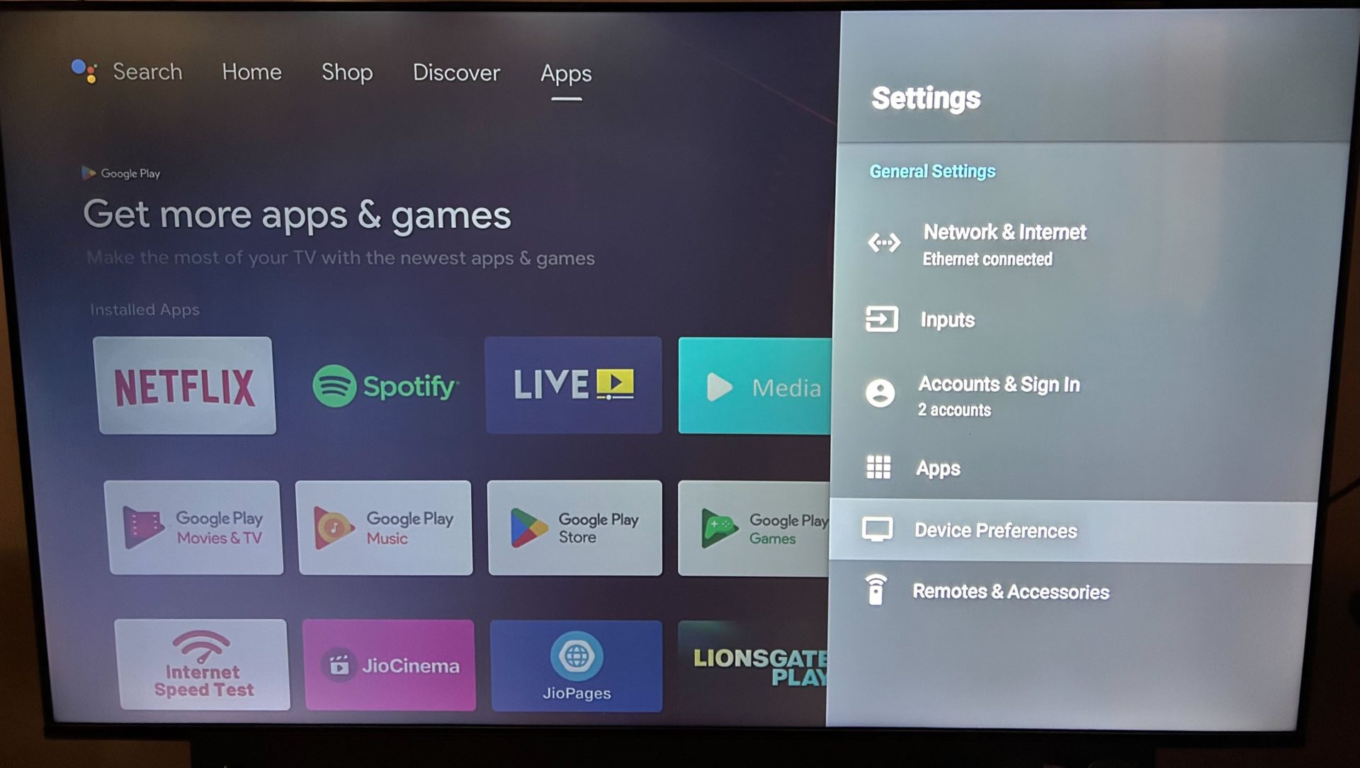 Android TV Device Preferences option