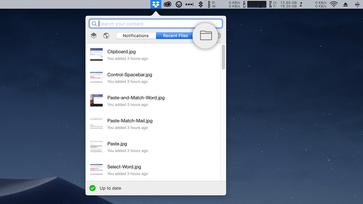 dropbox mac menu bar folder