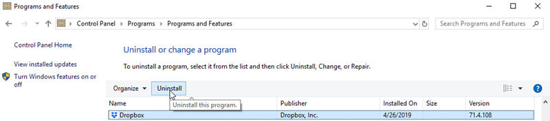 uninstall dropbox