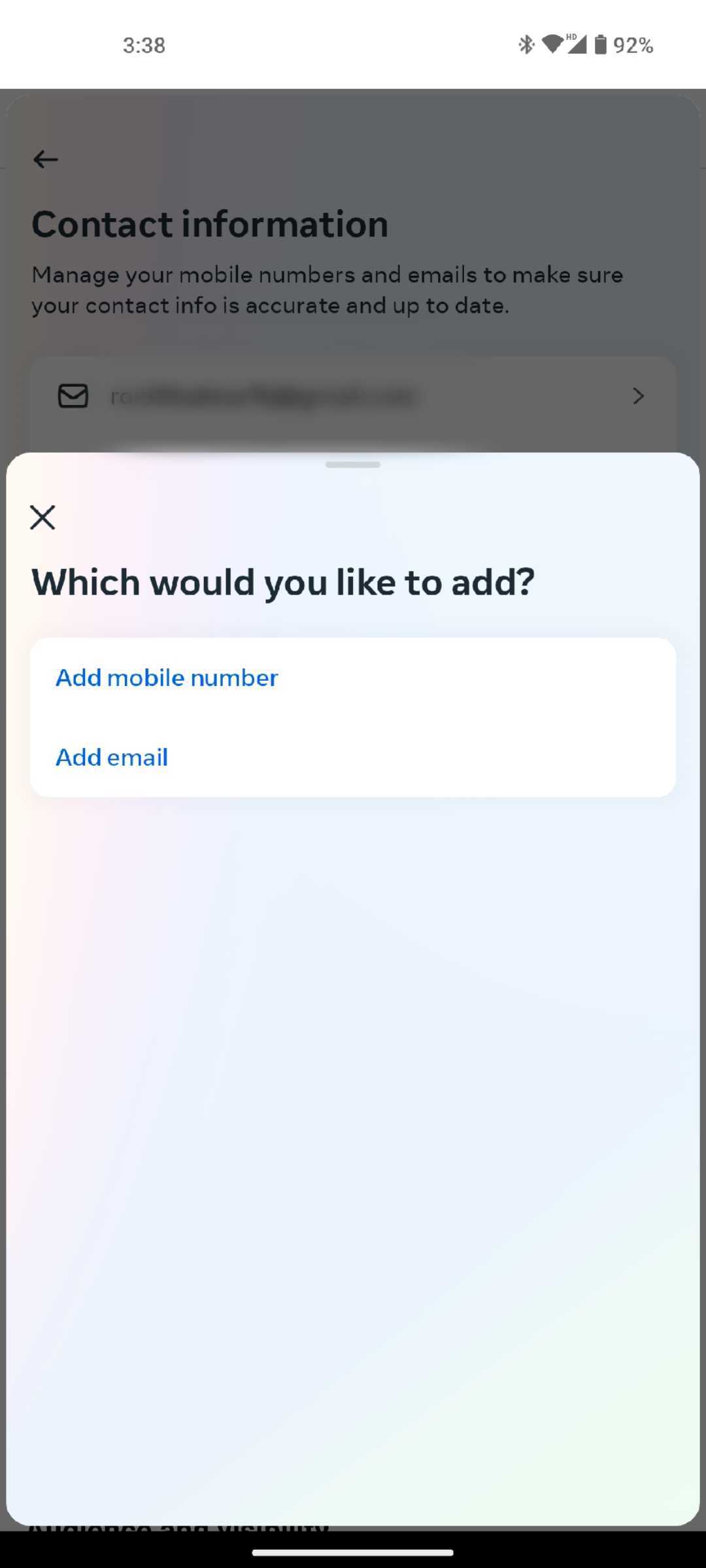 Facebook Android Add email
