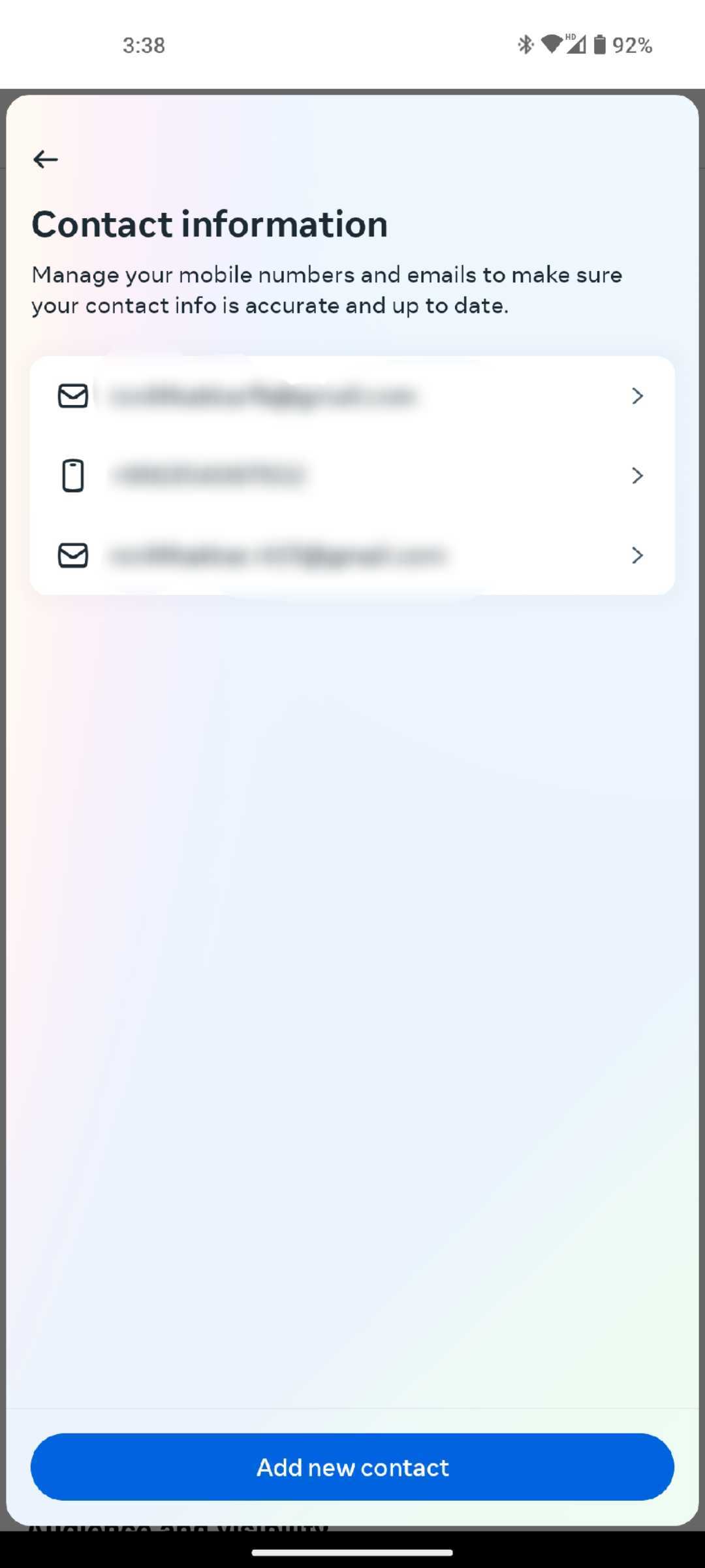 Facebook Android Contact info