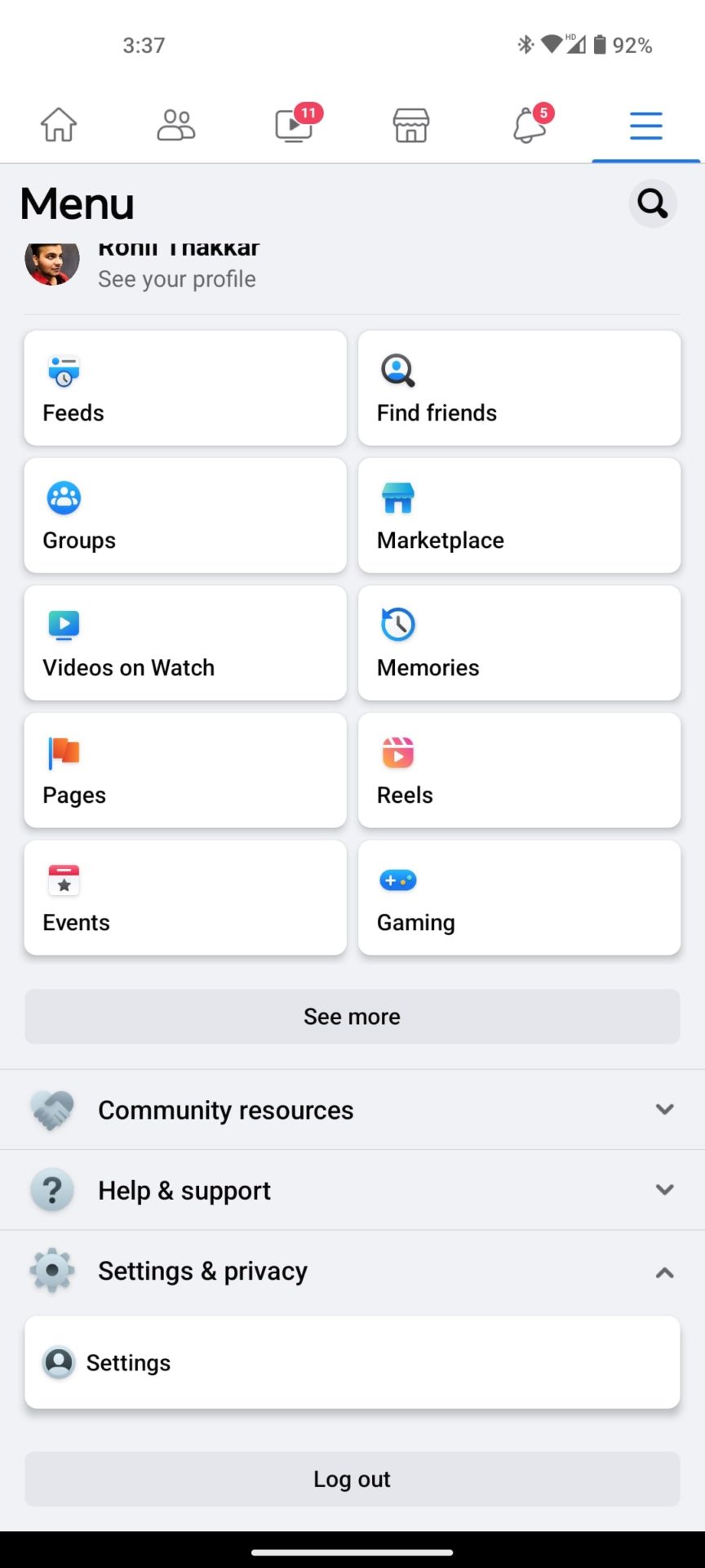 Facebook Android profile and Settings menu