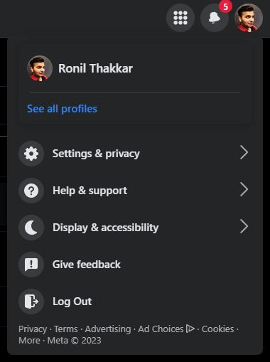 Facebook Desktop profile and settings menu 
