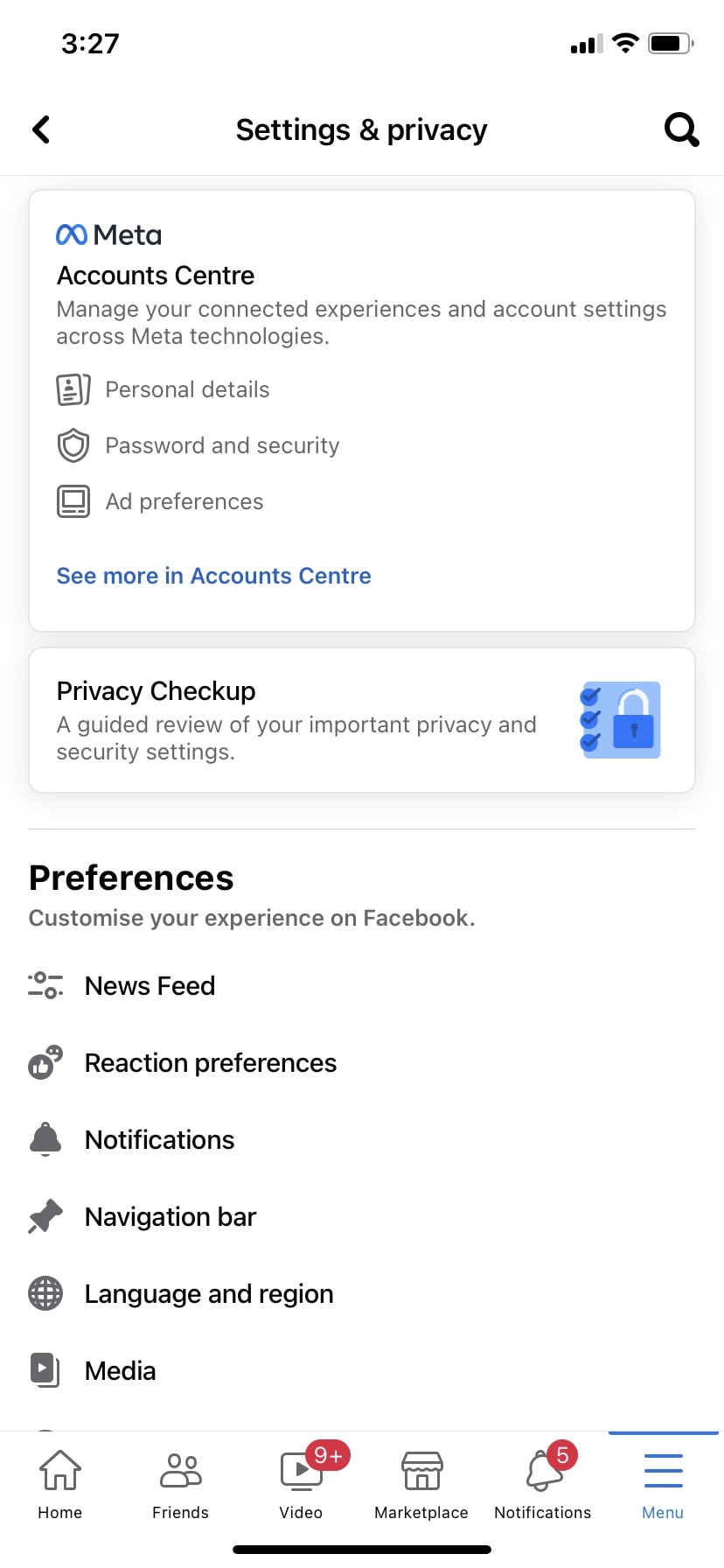 Facebook iPhone See more in Accounts Centre button