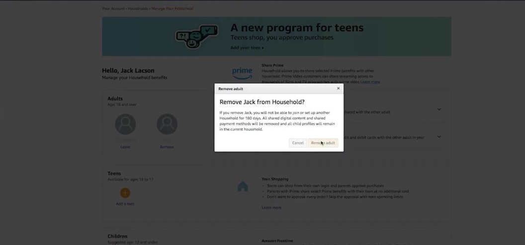 Amazon Household Remove Adult button