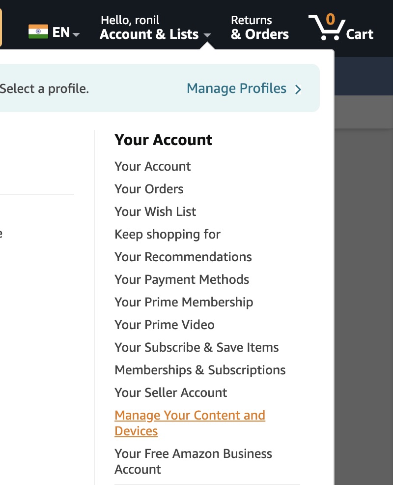 Amazon Manage Your Content and Devices option