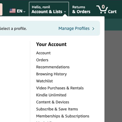 Amazon Your Account menu