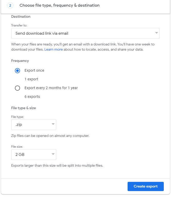 Google Takeout Export option