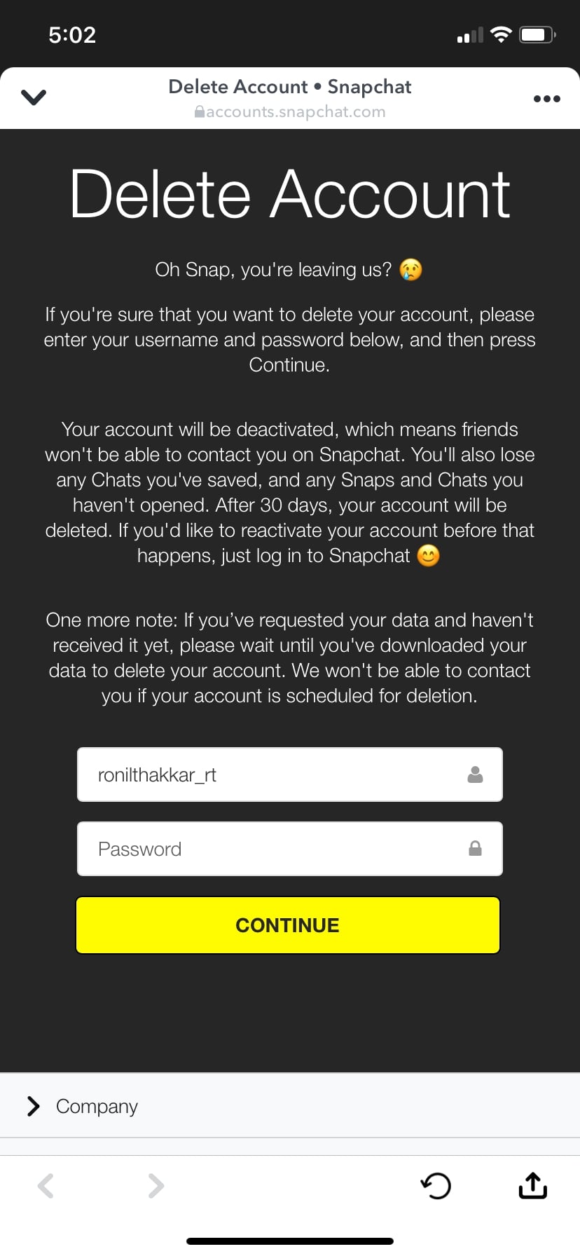 Snapchat Delete Account