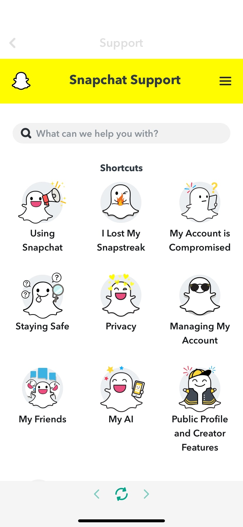 Snapchat Support Page
