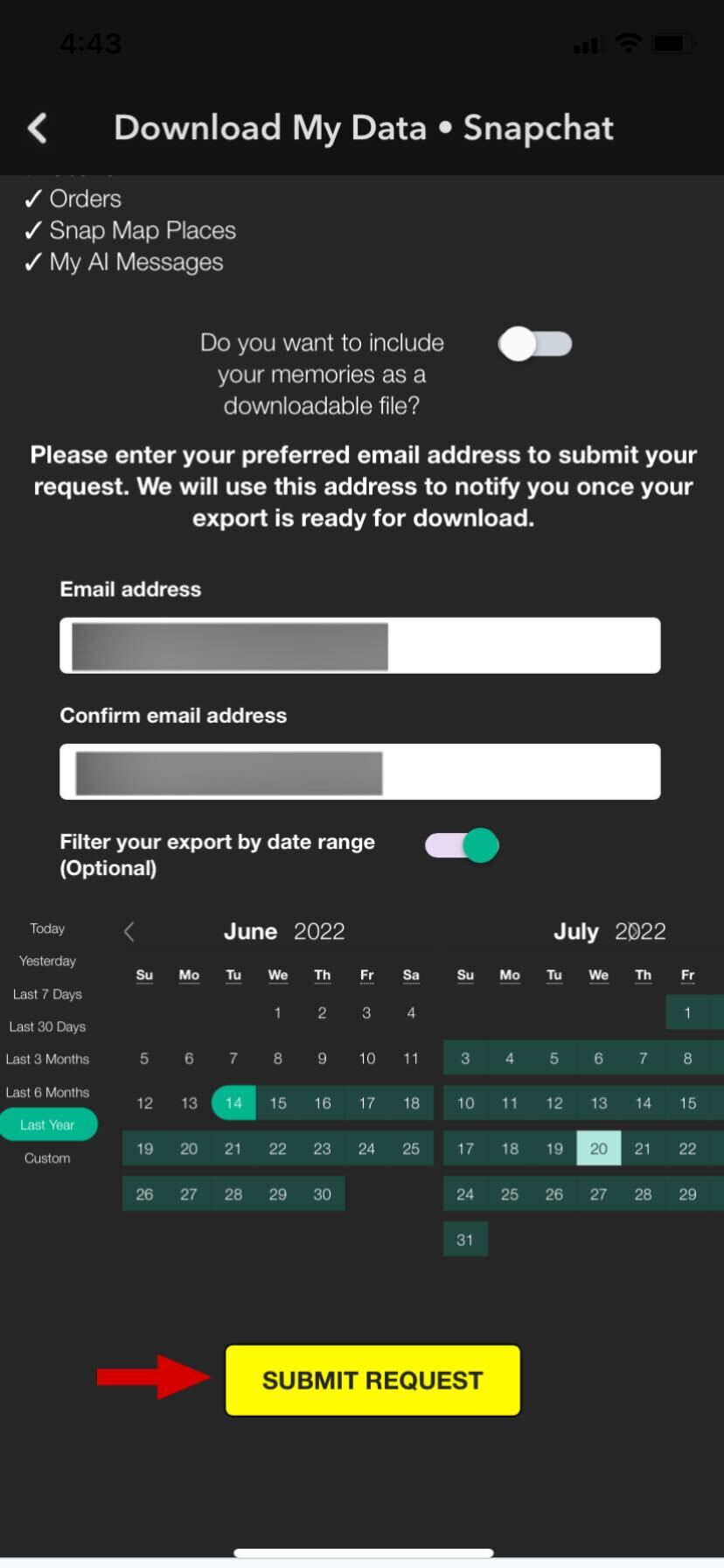 Snapchat download data page