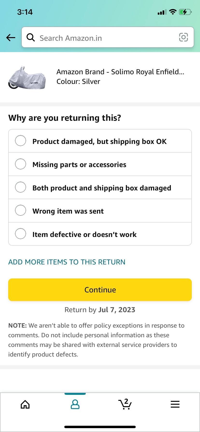 Amazon Add More Items To This Return button