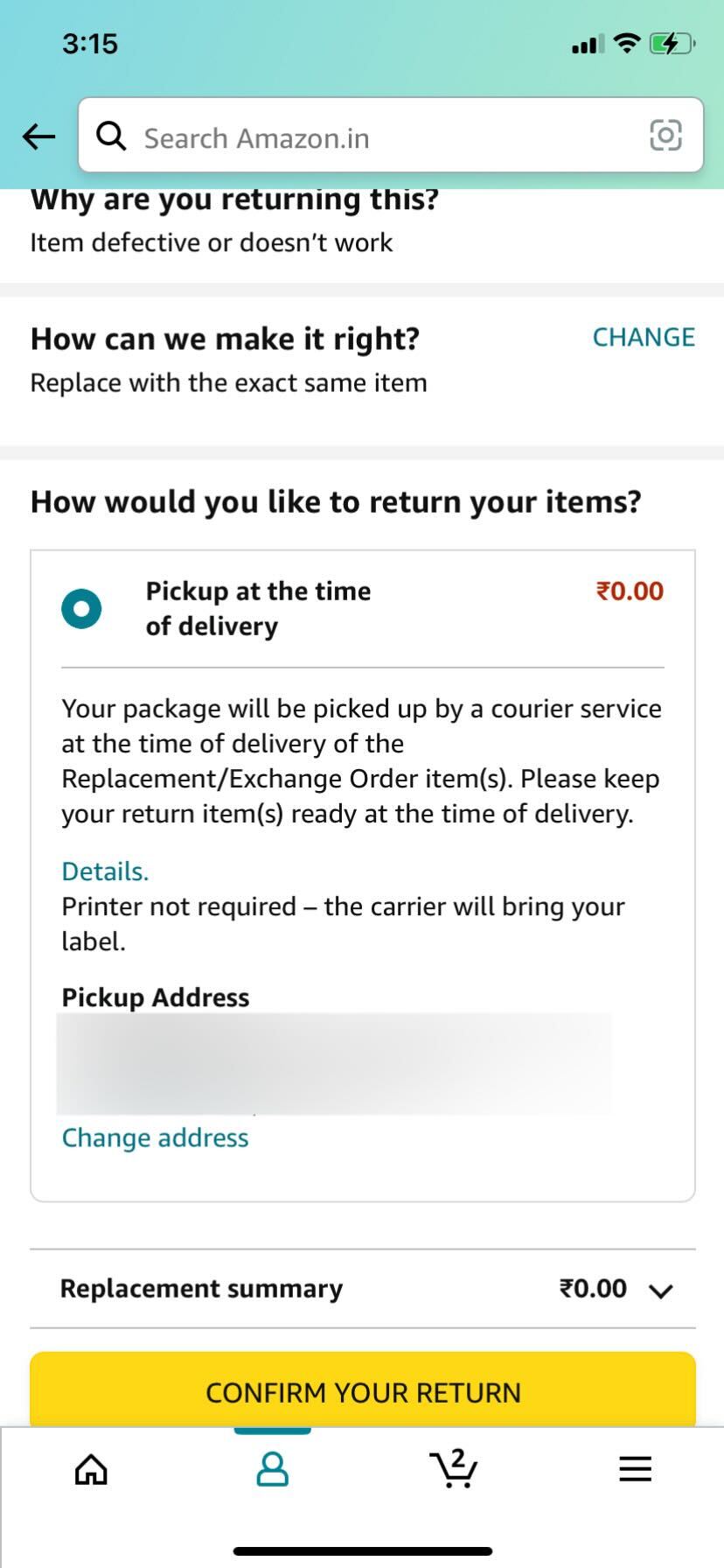 Amazon return order pick-up address