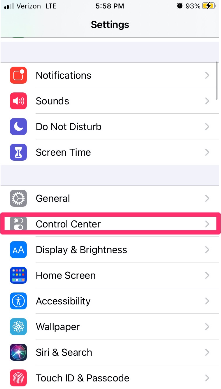 iPhone Settings Control Center