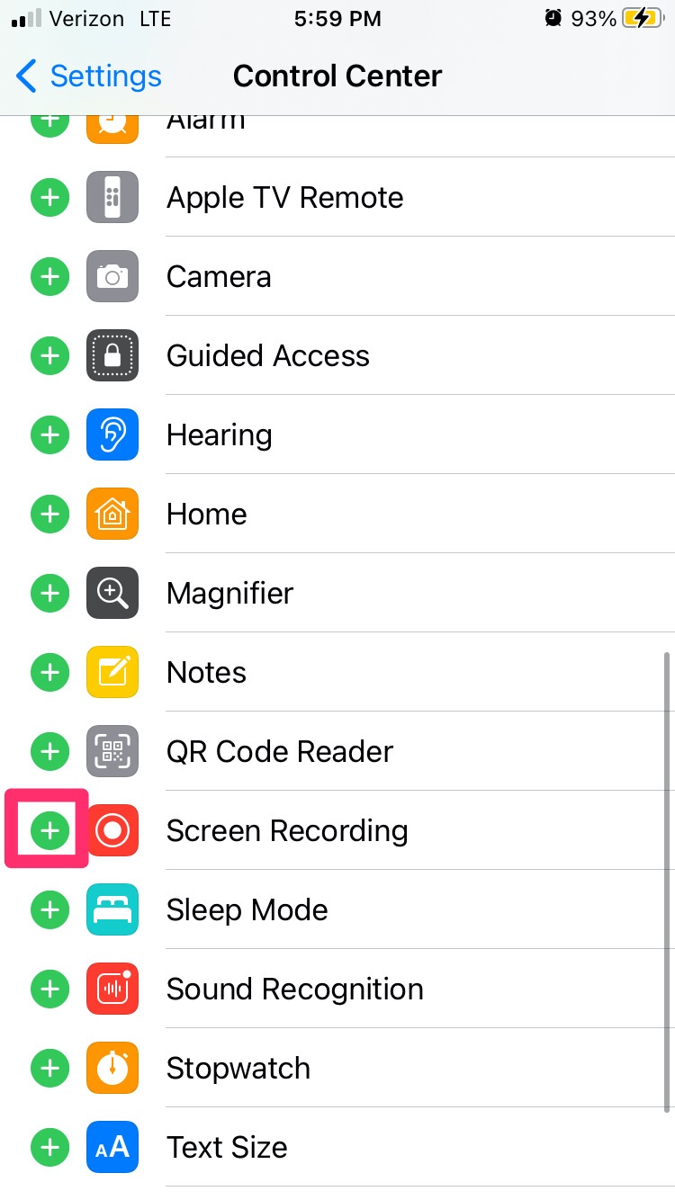 iPhone Control Center Settings Screen Recording option