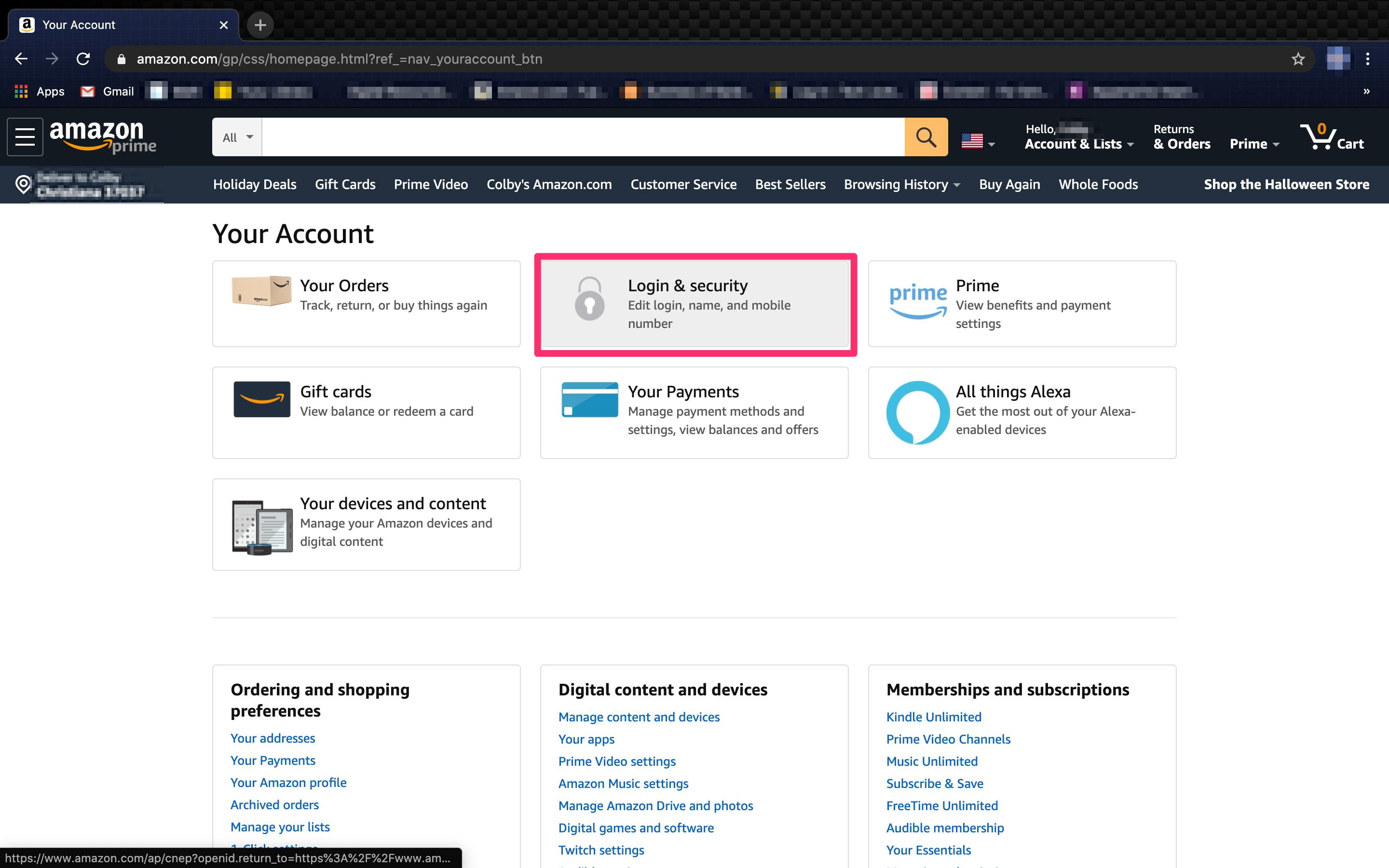Example: Customer Account Section from Amazon