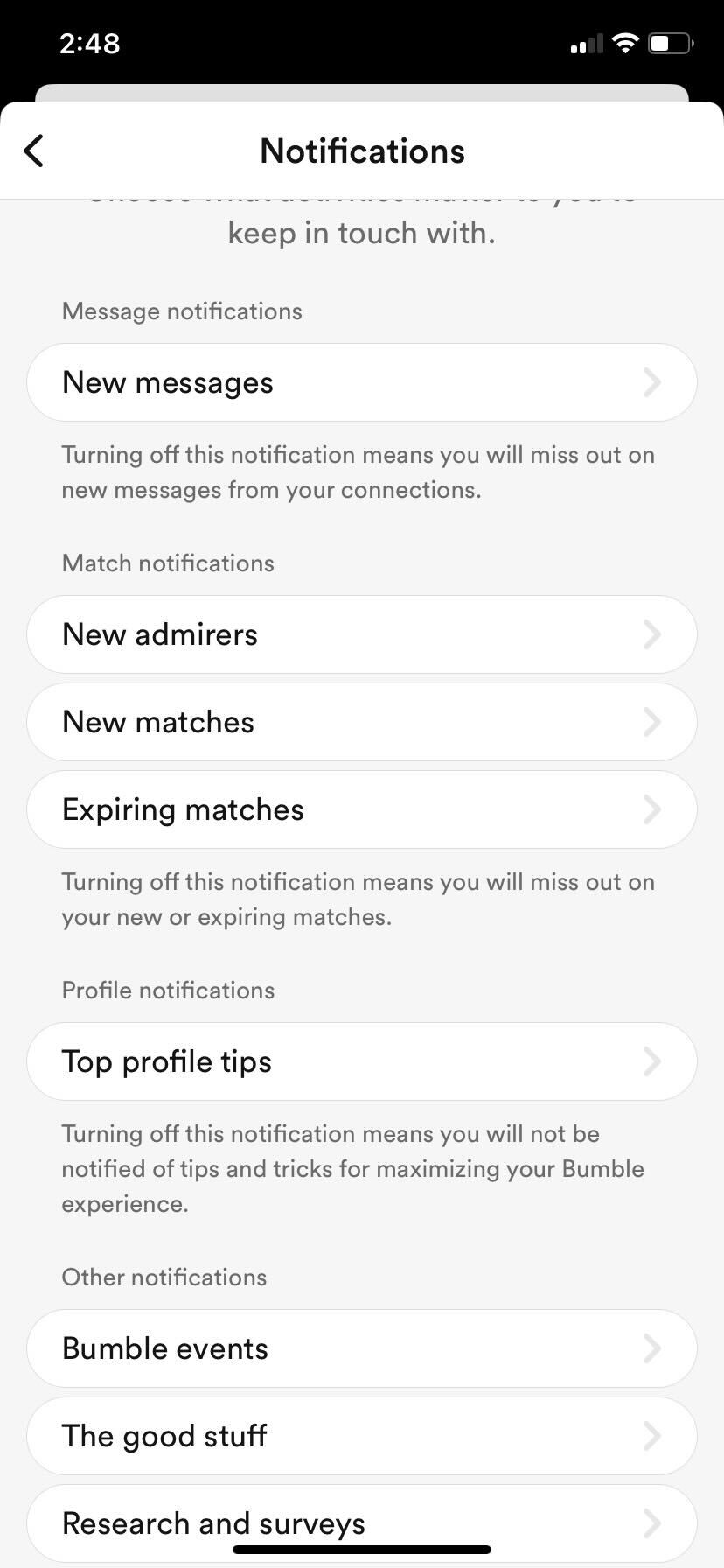 Bumble notification settings