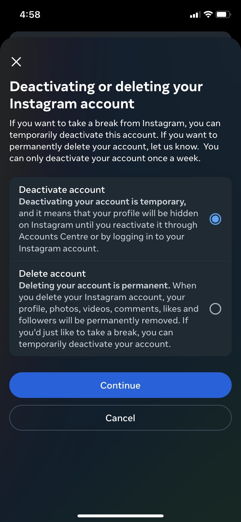 Instagram Deactivate account or Delete account