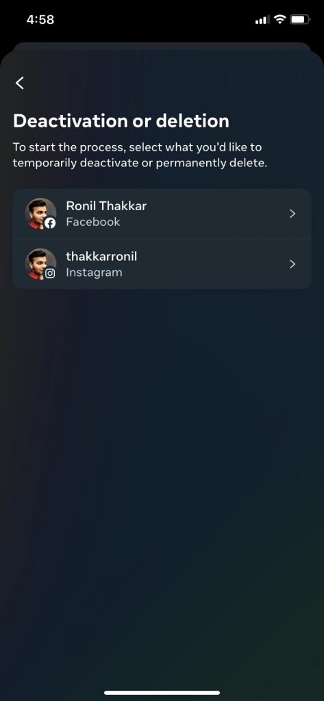 Instagram select deactivation and deletion account