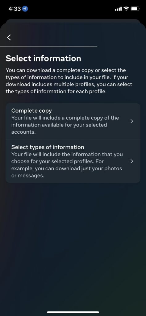 Select Instagram information you want to download
