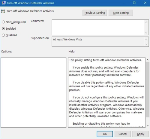 turn off windows defender on windows 10