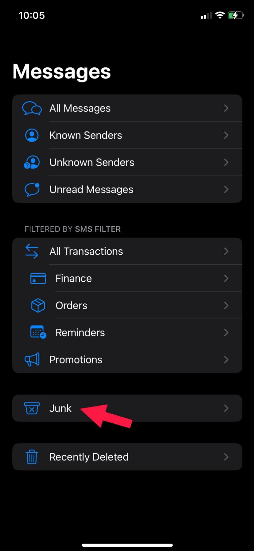 iPhone Messages Junk option