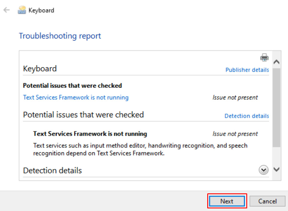 Windows Keyboard troubleshooting Next button