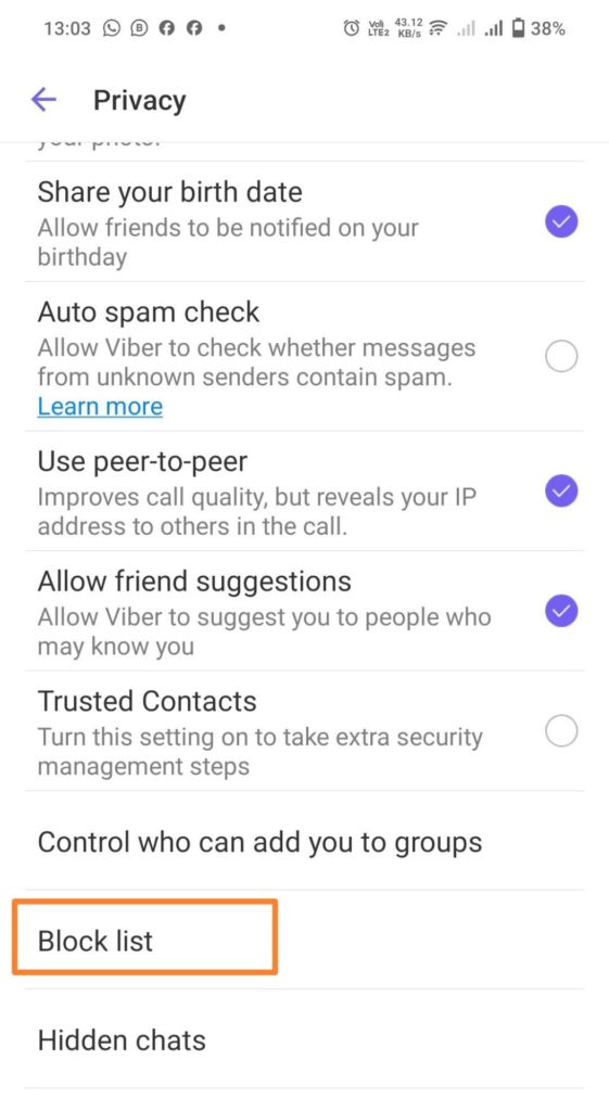 Viber Block List Menu